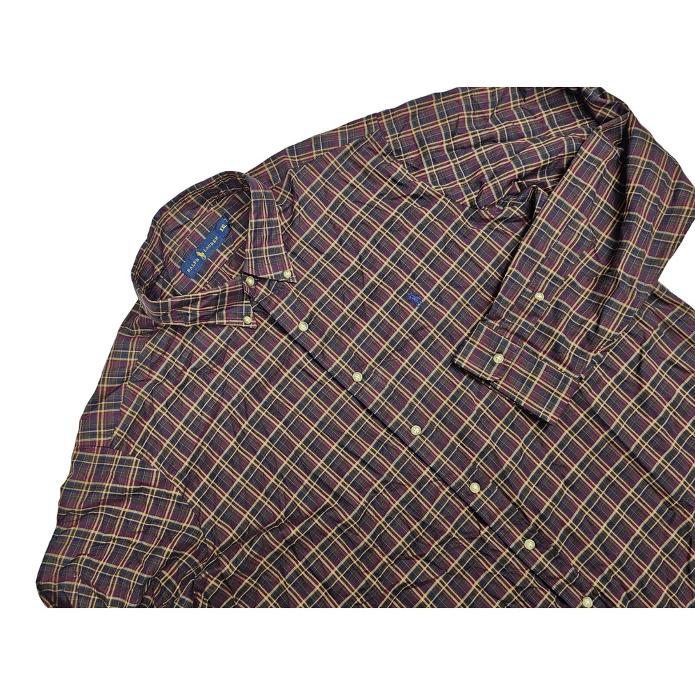 Ralph Lauren Button Down Shirt Mens XXL Burgundy Navy Plaid Cotton Preppy Ivy